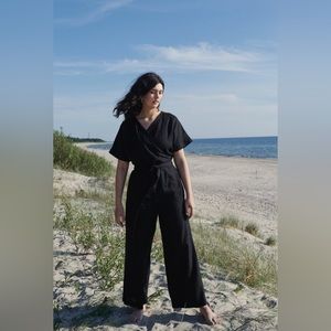 Linenfox Aimee Wrap Jumpsuit- 100% Linen, Charcoal Gray